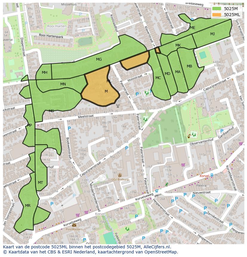 Afbeelding van het postcodegebied 5025 ML op de kaart.