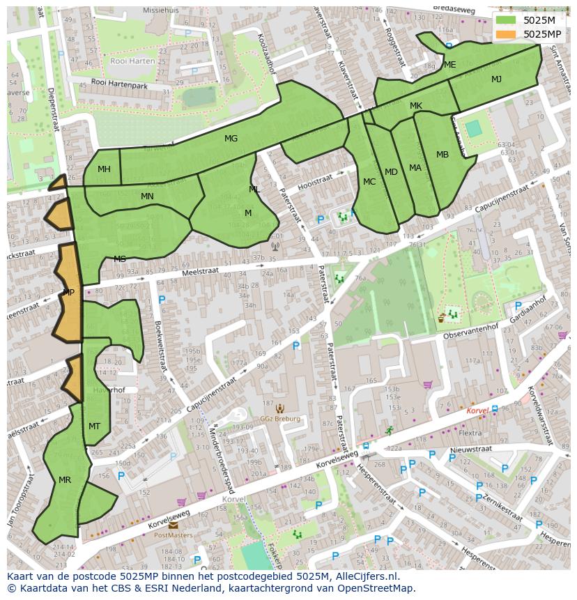 Afbeelding van het postcodegebied 5025 MP op de kaart.