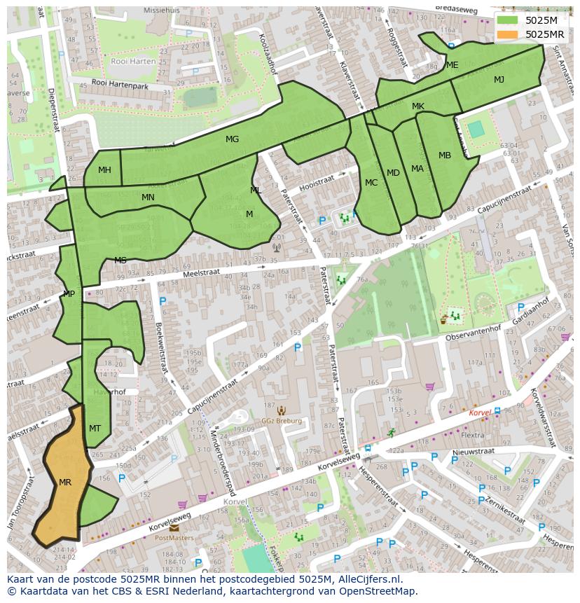 Afbeelding van het postcodegebied 5025 MR op de kaart.