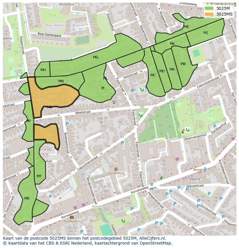 Afbeelding van het postcodegebied 5025 MS op de kaart.