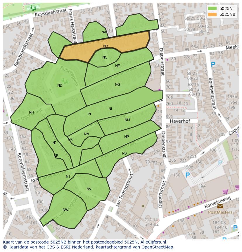 Afbeelding van het postcodegebied 5025 NB op de kaart.