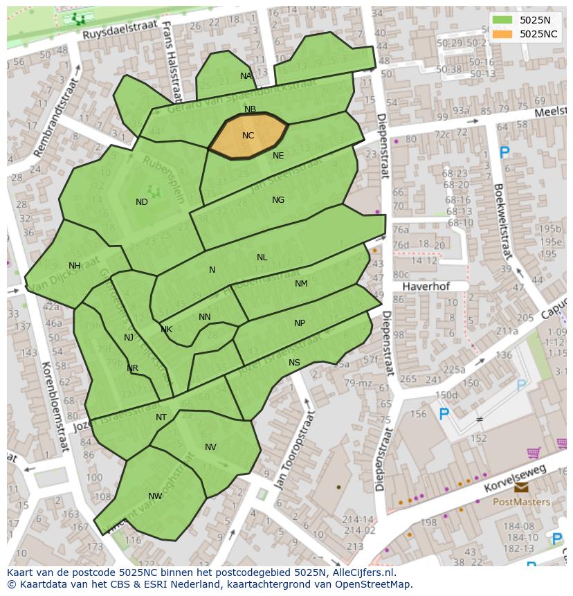 Afbeelding van het postcodegebied 5025 NC op de kaart.