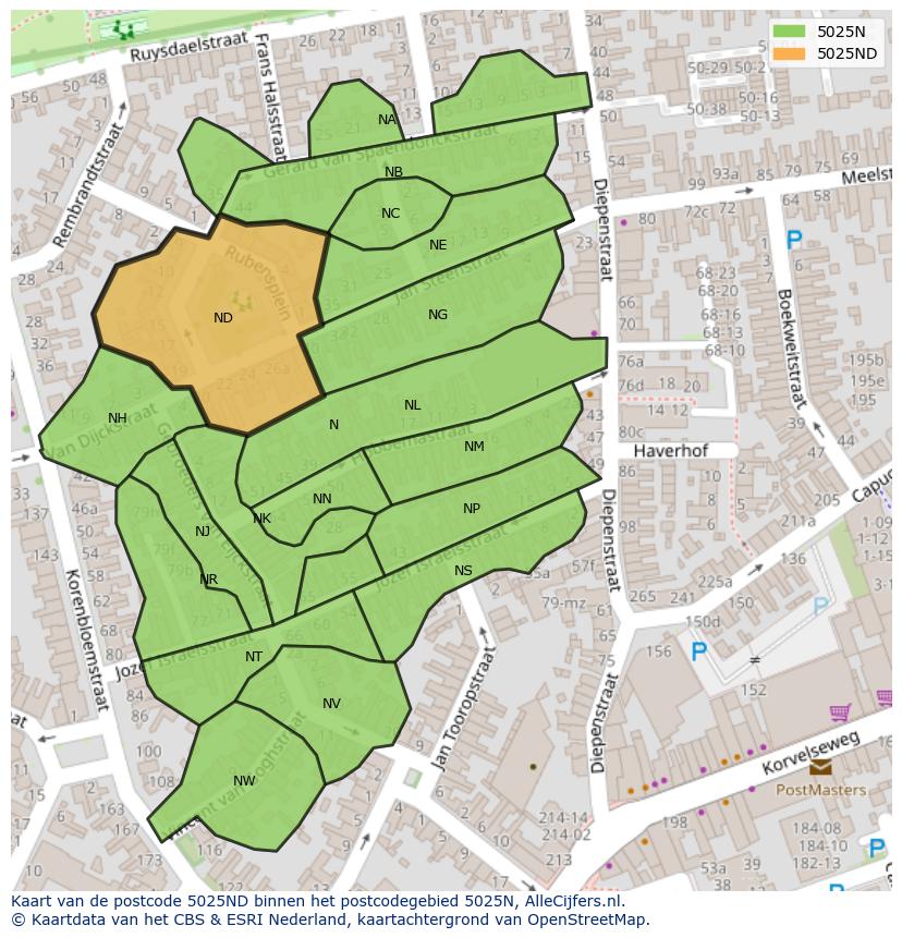 Afbeelding van het postcodegebied 5025 ND op de kaart.