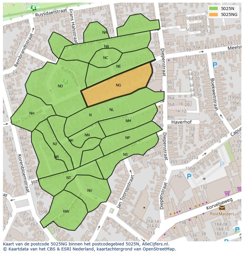 Afbeelding van het postcodegebied 5025 NG op de kaart.