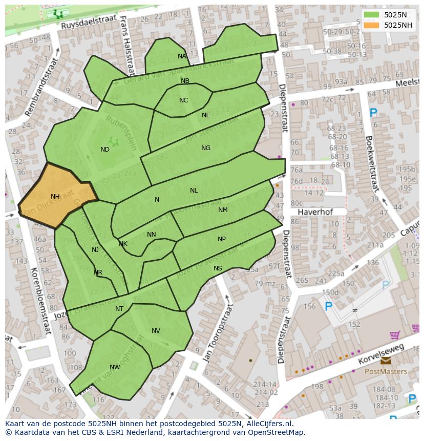 Afbeelding van het postcodegebied 5025 NH op de kaart.