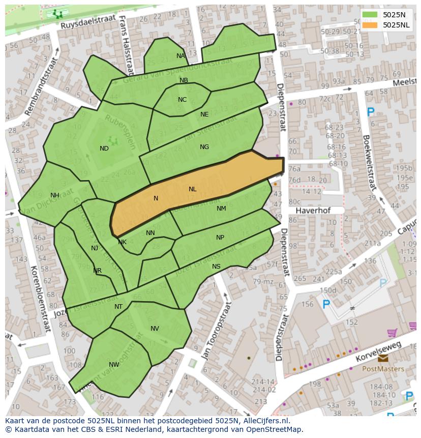 Afbeelding van het postcodegebied 5025 NL op de kaart.