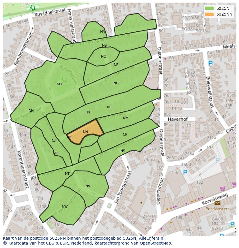Afbeelding van het postcodegebied 5025 NN op de kaart.