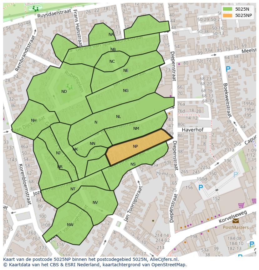 Afbeelding van het postcodegebied 5025 NP op de kaart.