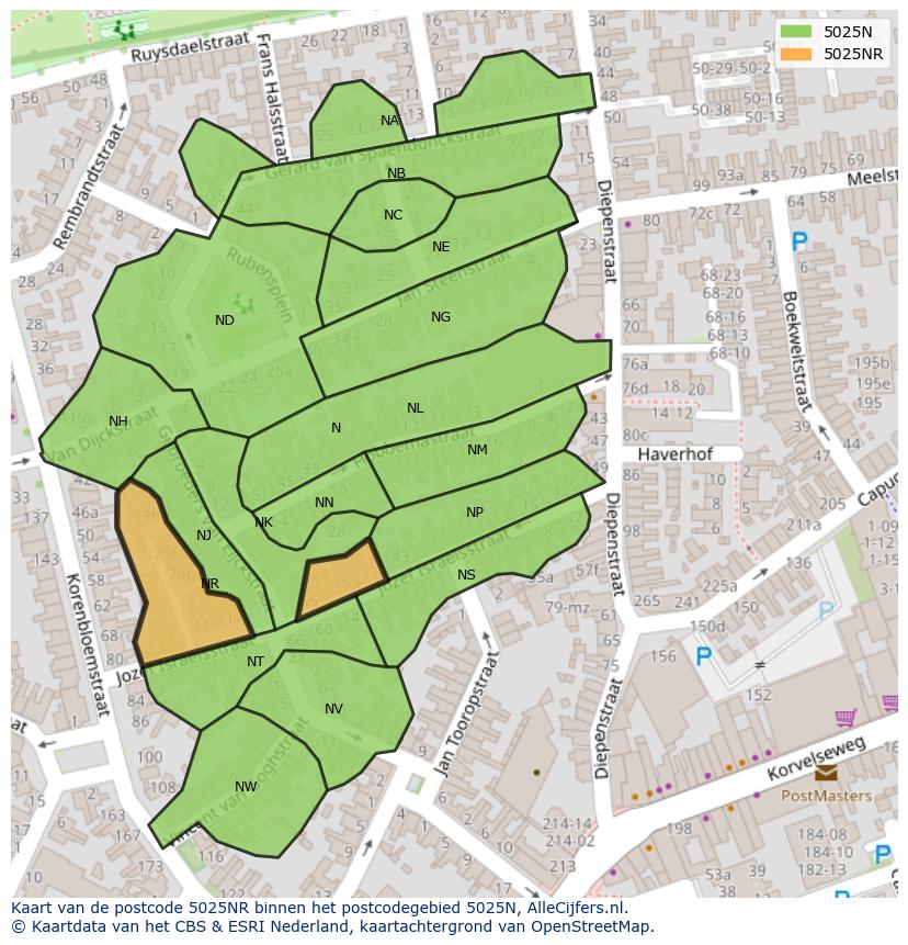 Afbeelding van het postcodegebied 5025 NR op de kaart.