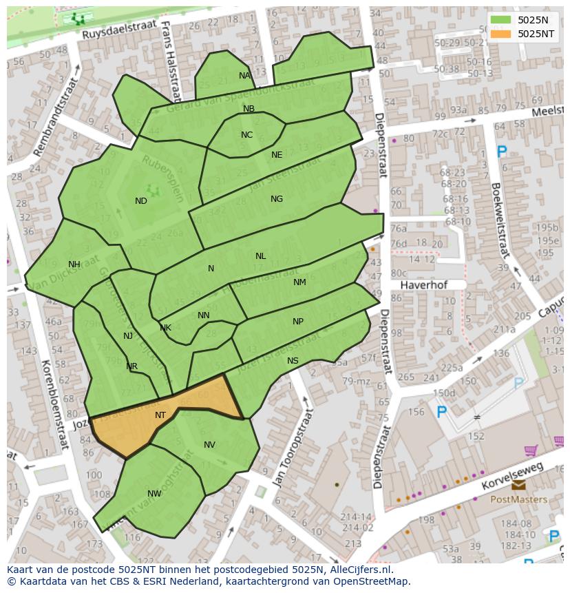 Afbeelding van het postcodegebied 5025 NT op de kaart.
