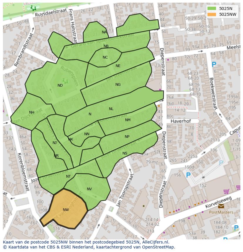 Afbeelding van het postcodegebied 5025 NW op de kaart.