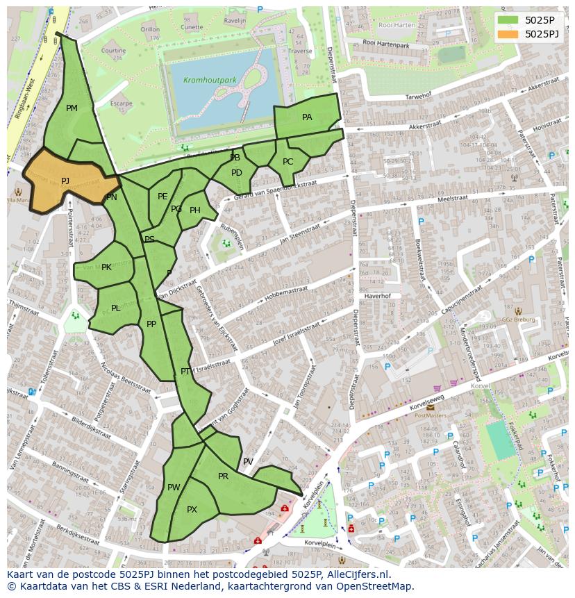 Afbeelding van het postcodegebied 5025 PJ op de kaart.