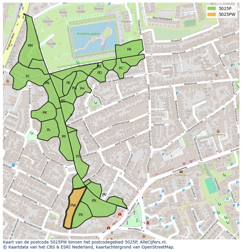 Afbeelding van het postcodegebied 5025 PW op de kaart.