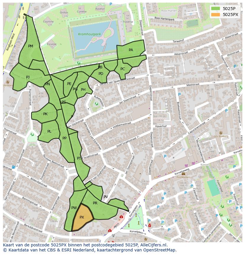 Afbeelding van het postcodegebied 5025 PX op de kaart.