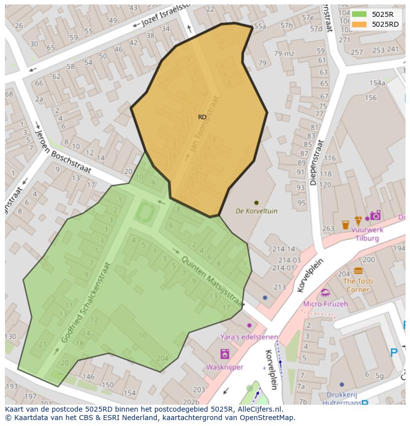 Afbeelding van het postcodegebied 5025 RD op de kaart.