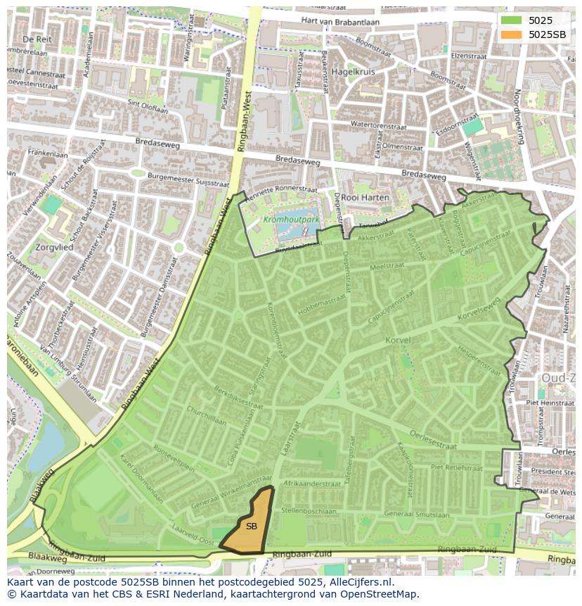 Afbeelding van het postcodegebied 5025 SB op de kaart.