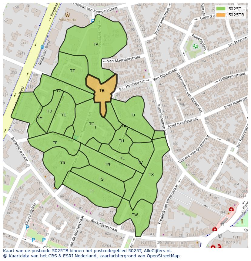 Afbeelding van het postcodegebied 5025 TB op de kaart.