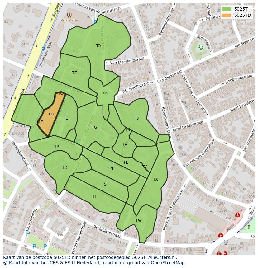 Afbeelding van het postcodegebied 5025 TD op de kaart.