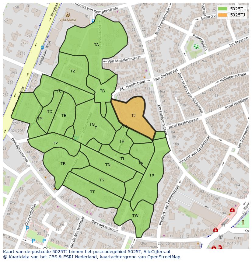Afbeelding van het postcodegebied 5025 TJ op de kaart.
