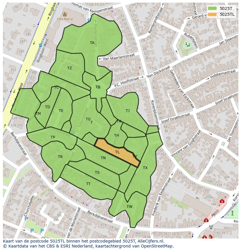 Afbeelding van het postcodegebied 5025 TL op de kaart.