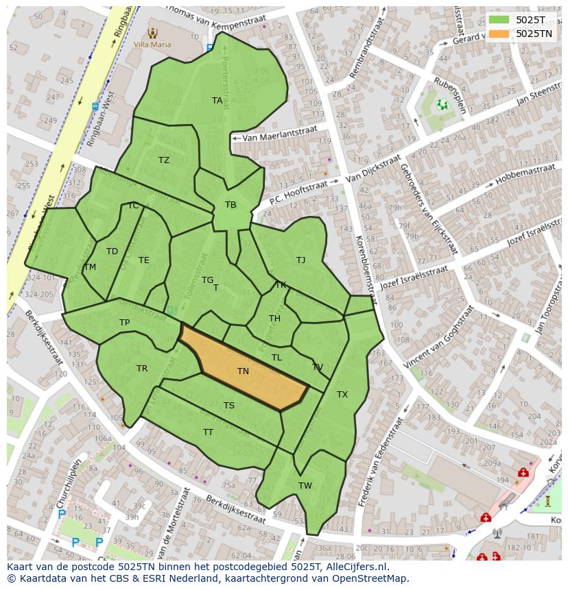 Afbeelding van het postcodegebied 5025 TN op de kaart.