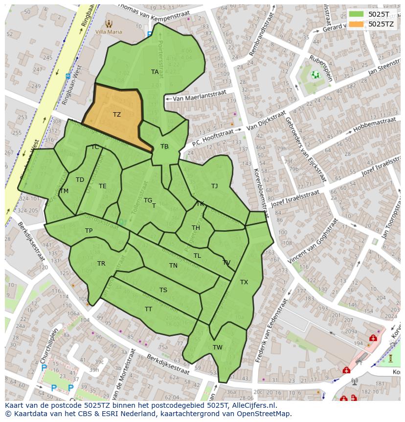 Afbeelding van het postcodegebied 5025 TZ op de kaart.