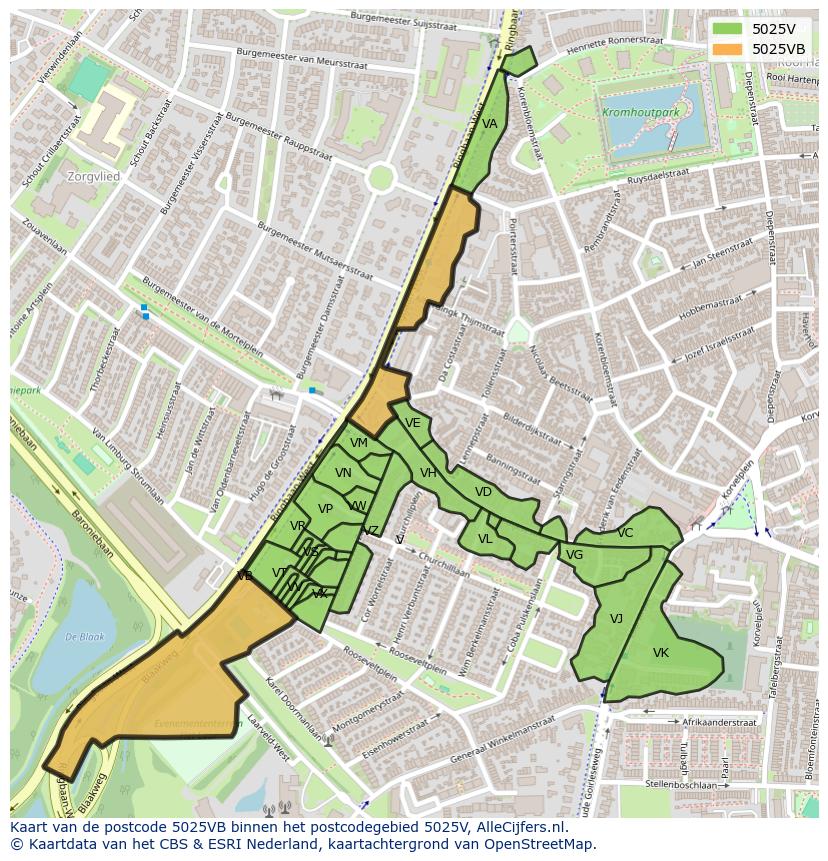 Afbeelding van het postcodegebied 5025 VB op de kaart.