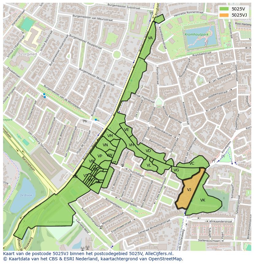 Afbeelding van het postcodegebied 5025 VJ op de kaart.