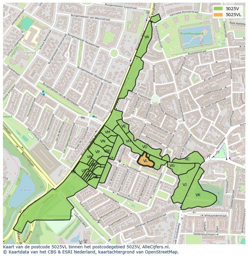 Afbeelding van het postcodegebied 5025 VL op de kaart.