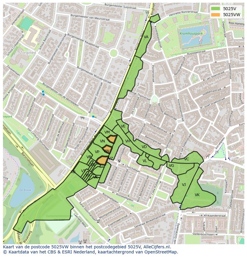 Afbeelding van het postcodegebied 5025 VW op de kaart.