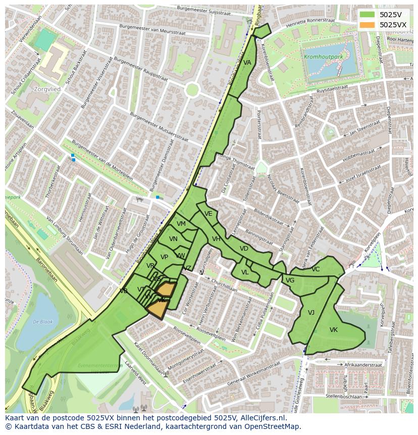 Afbeelding van het postcodegebied 5025 VX op de kaart.