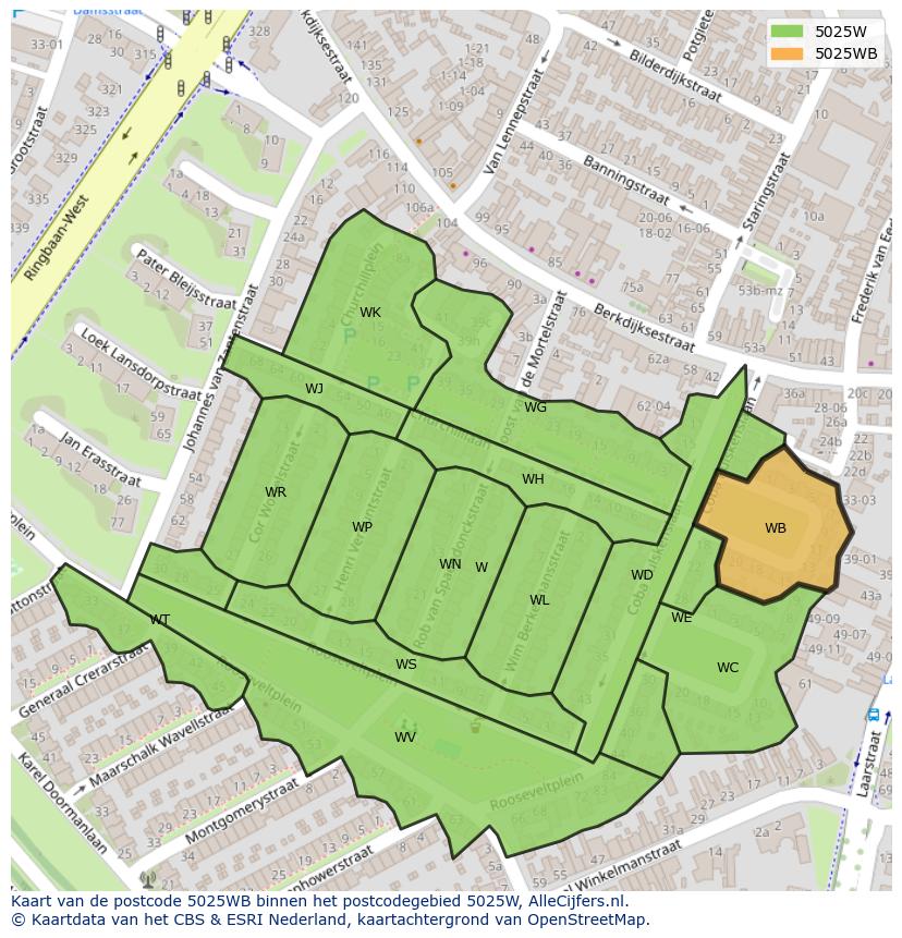 Afbeelding van het postcodegebied 5025 WB op de kaart.