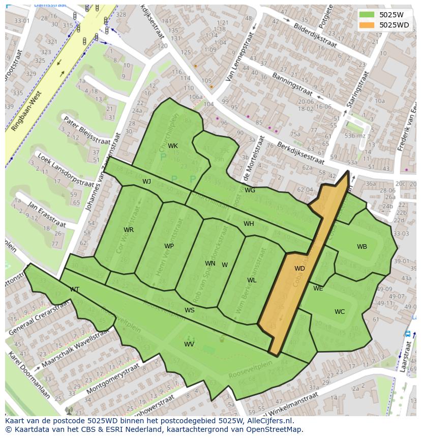 Afbeelding van het postcodegebied 5025 WD op de kaart.
