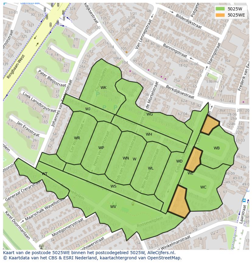 Afbeelding van het postcodegebied 5025 WE op de kaart.