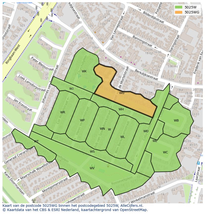Afbeelding van het postcodegebied 5025 WG op de kaart.