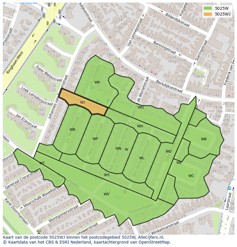 Afbeelding van het postcodegebied 5025 WJ op de kaart.