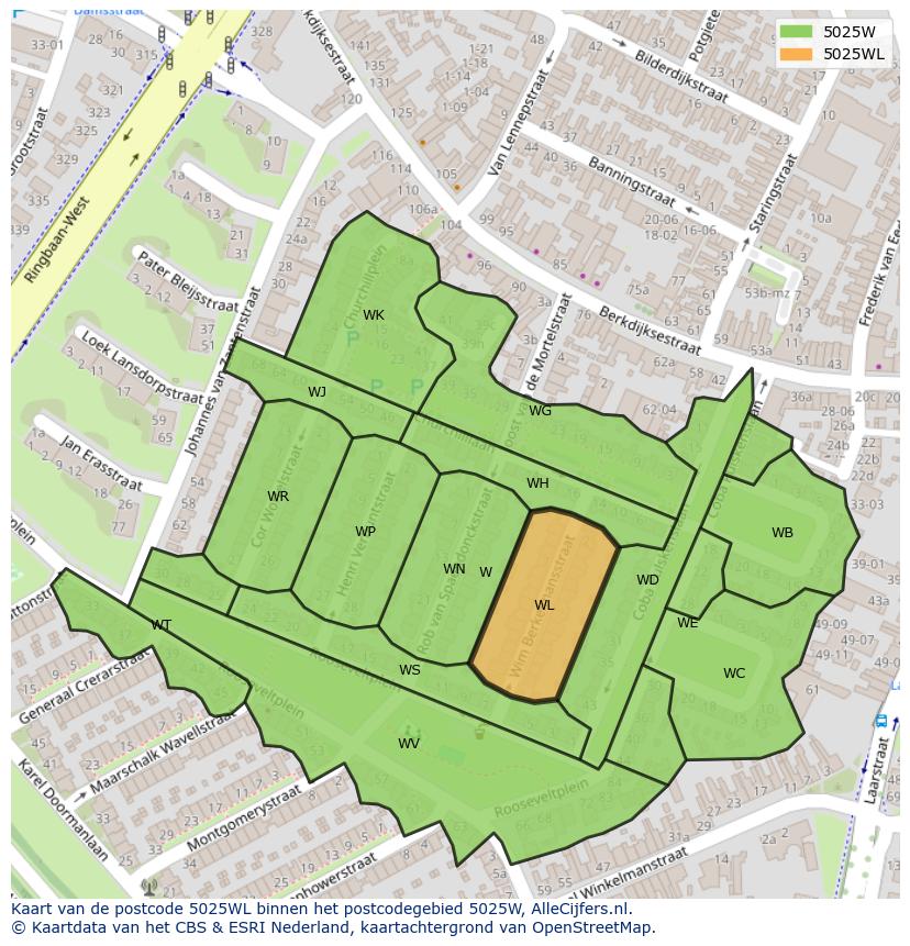 Afbeelding van het postcodegebied 5025 WL op de kaart.