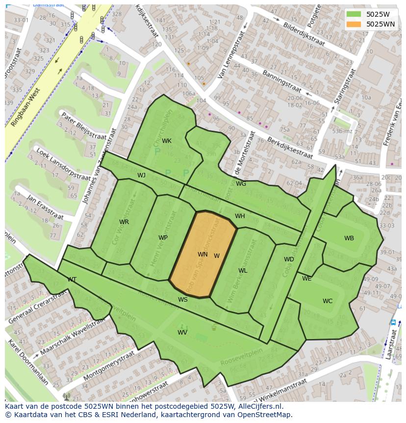 Afbeelding van het postcodegebied 5025 WN op de kaart.
