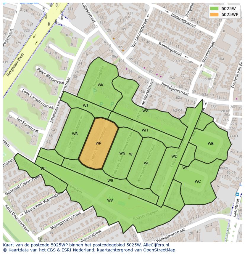 Afbeelding van het postcodegebied 5025 WP op de kaart.