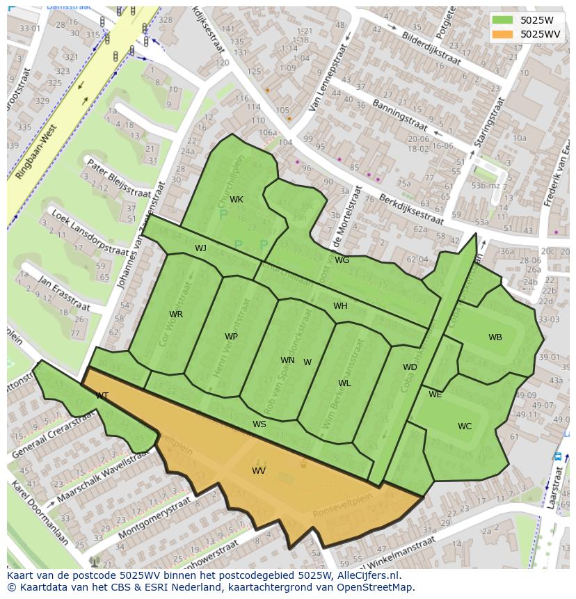 Afbeelding van het postcodegebied 5025 WV op de kaart.