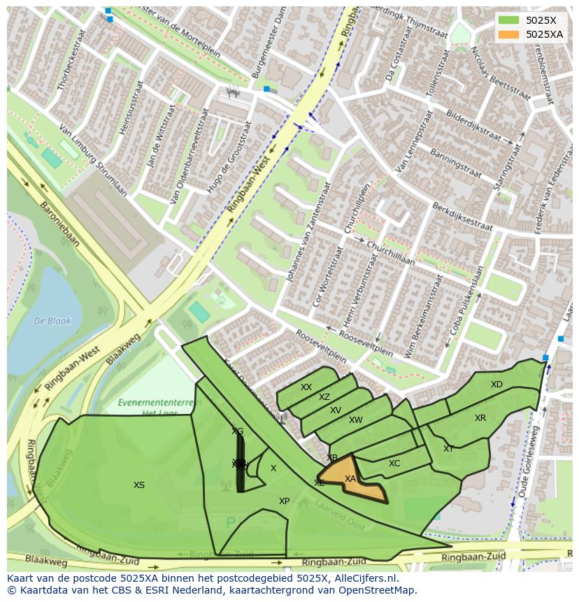 Afbeelding van het postcodegebied 5025 XA op de kaart.