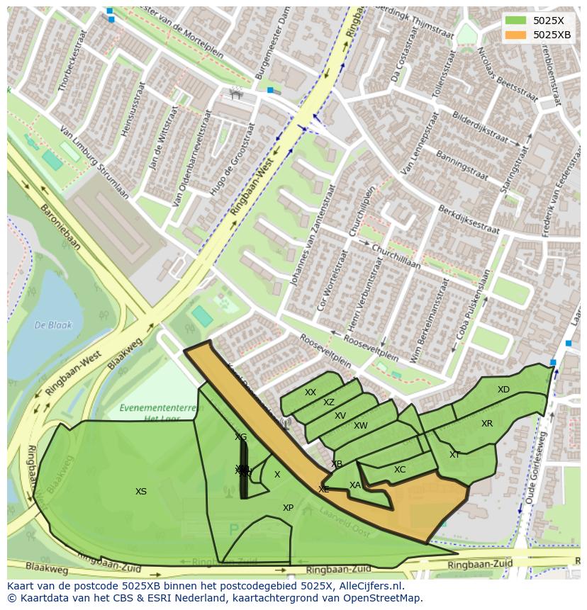Afbeelding van het postcodegebied 5025 XB op de kaart.