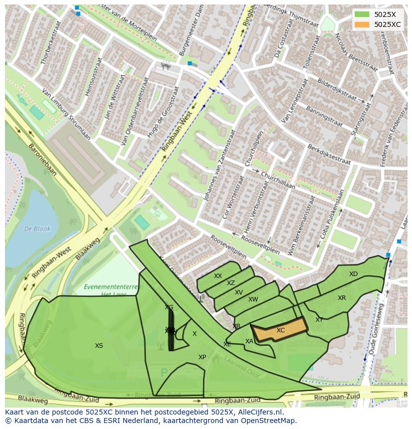 Afbeelding van het postcodegebied 5025 XC op de kaart.