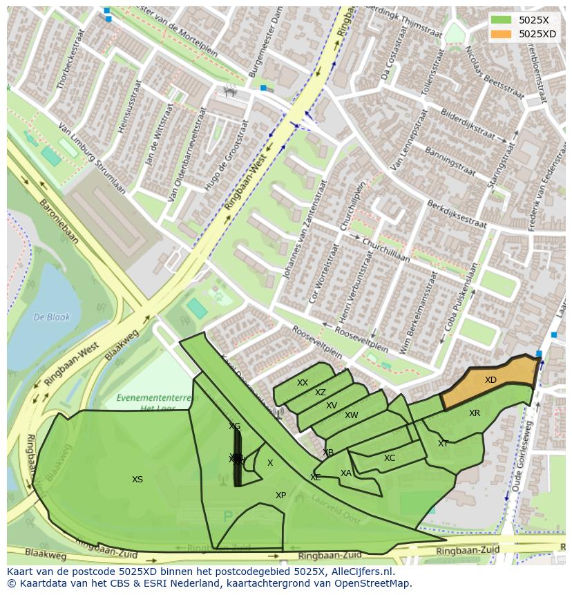 Afbeelding van het postcodegebied 5025 XD op de kaart.