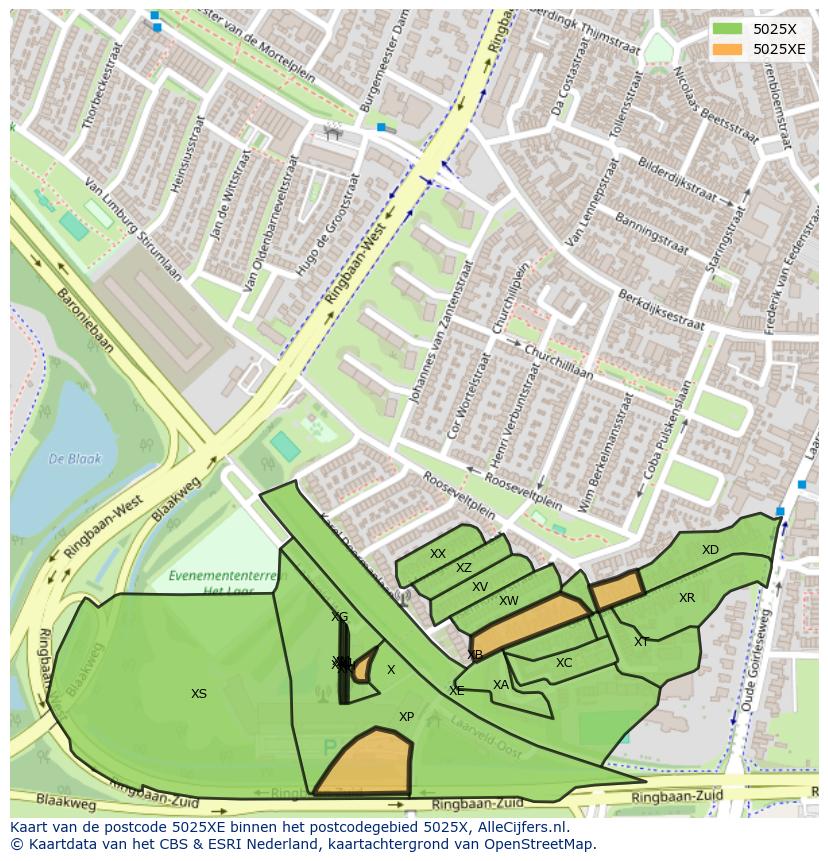 Afbeelding van het postcodegebied 5025 XE op de kaart.