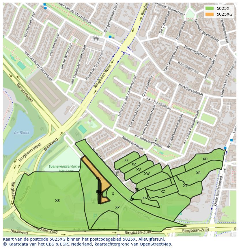 Afbeelding van het postcodegebied 5025 XG op de kaart.