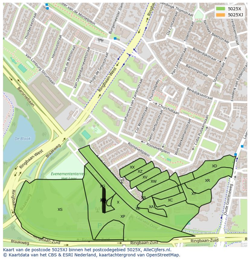 Afbeelding van het postcodegebied 5025 XJ op de kaart.