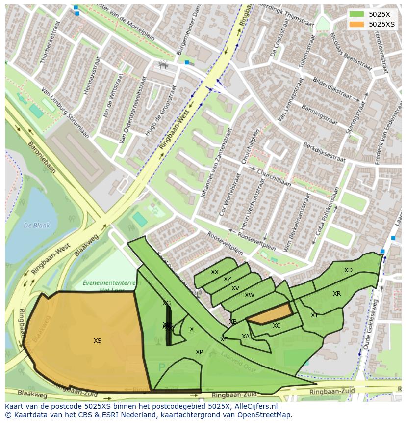 Afbeelding van het postcodegebied 5025 XS op de kaart.