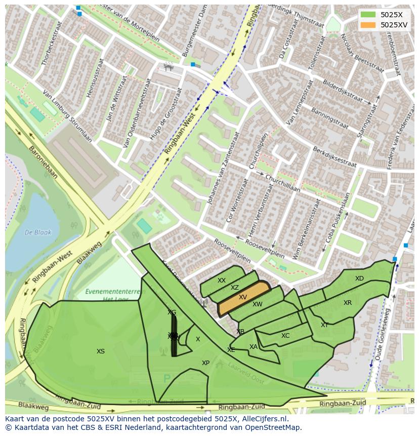 Afbeelding van het postcodegebied 5025 XV op de kaart.