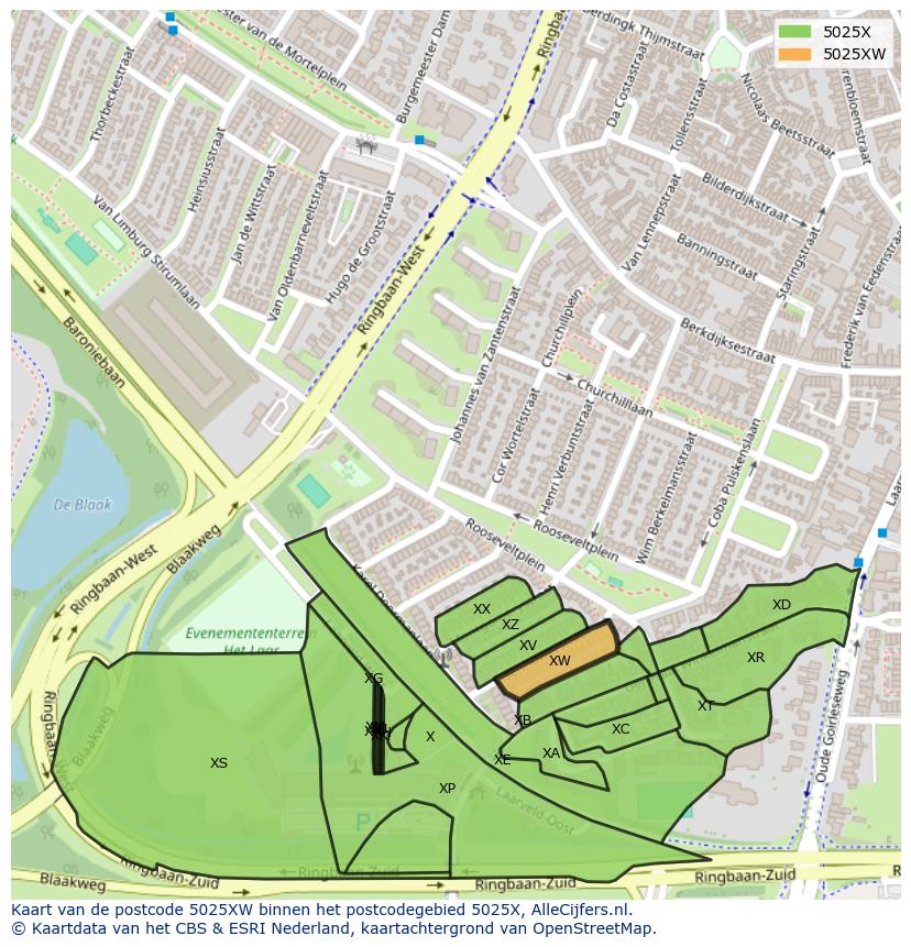 Afbeelding van het postcodegebied 5025 XW op de kaart.